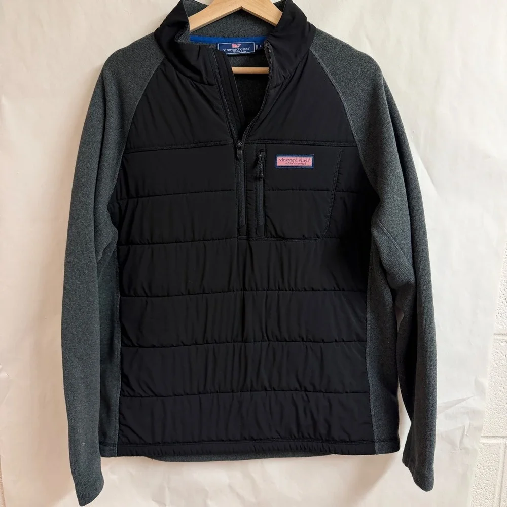 Vineyard Vines Mens Staysail Performance Hybrid Fleece Zip Pullover Gray Black L